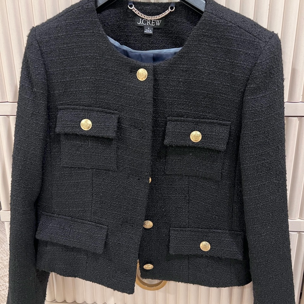 J. Crew Women's Black Tweed Blazer with Gold Buttons
